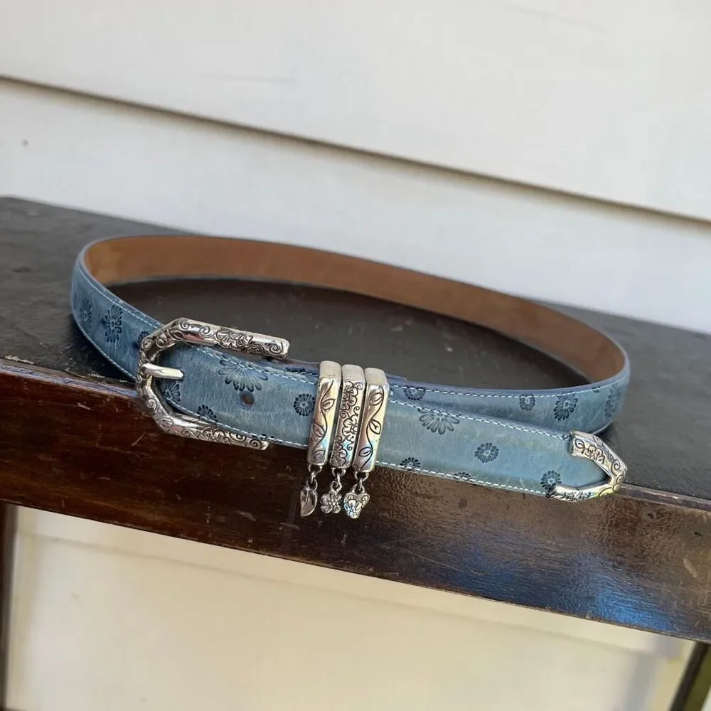 Brighton Blue Floral Tooled Leather Belt Charm Western Boho Y2K ML 32